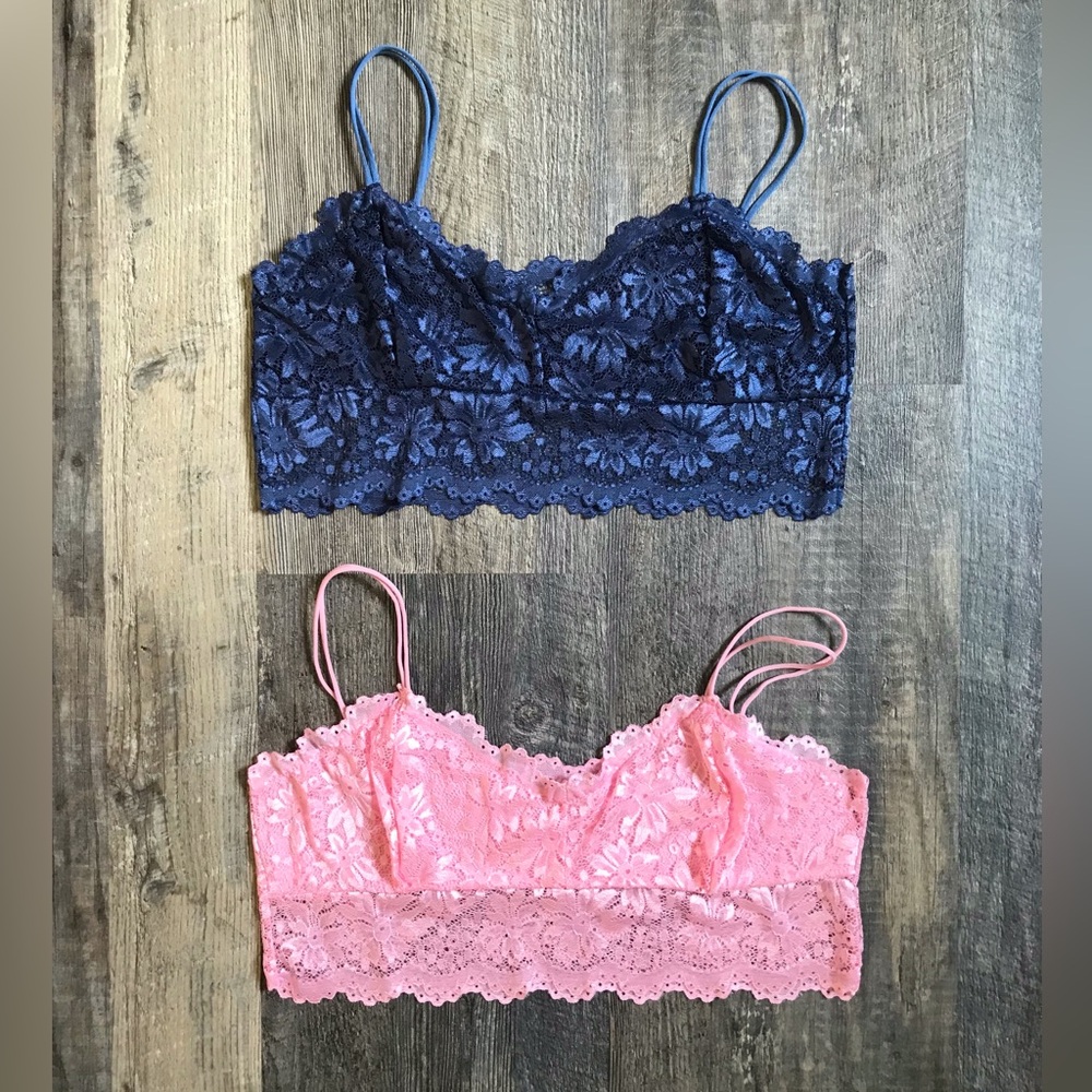 Set of 2 Floral Scalloped Lace Split Strap Bralettes | Pink Navy | NWOT